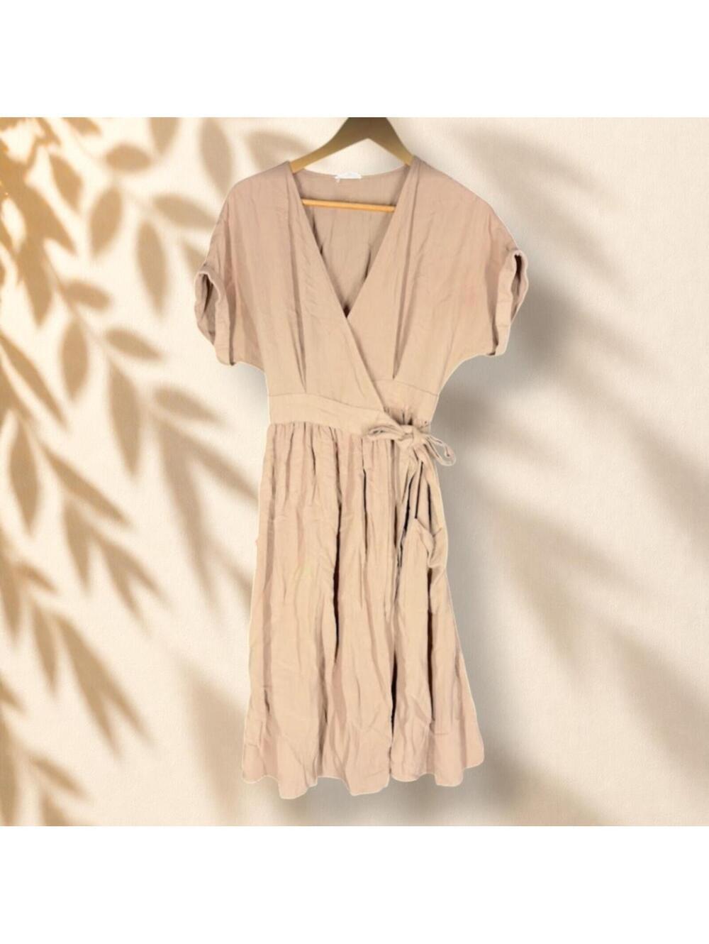 Cotton Bleu Wrap Dress Women S Small Brown Midi Belted Tie Up Tasseled V-Neck